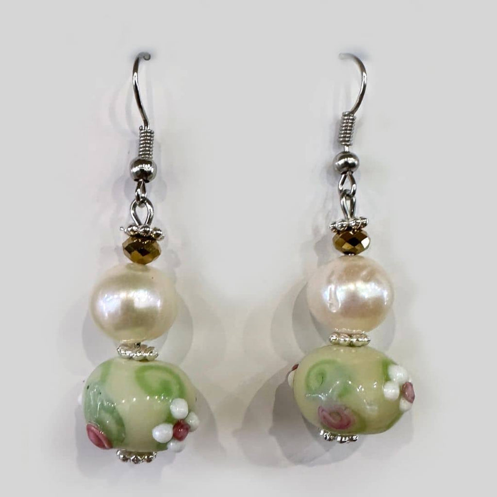 Green & Pink Lampwork & Pearl Handmade Earrings 006