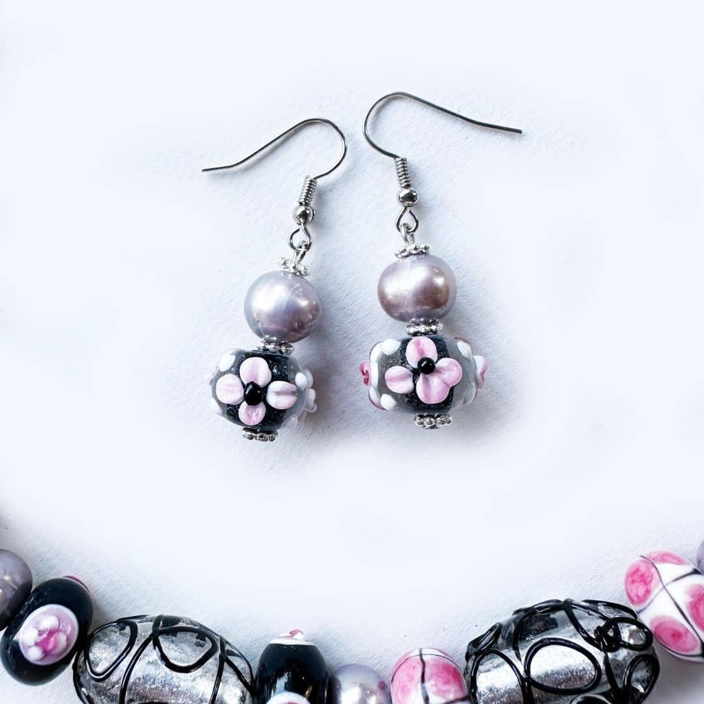 Grey Pearl with Pink & Black Floral Lampwork Bead Handmade Earrings 003