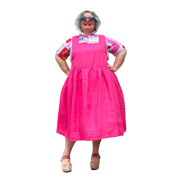 Kelly Hot Pink Linen Square Neckline Pinafore Plus Size Dress with poc –  Joolz Fashion
