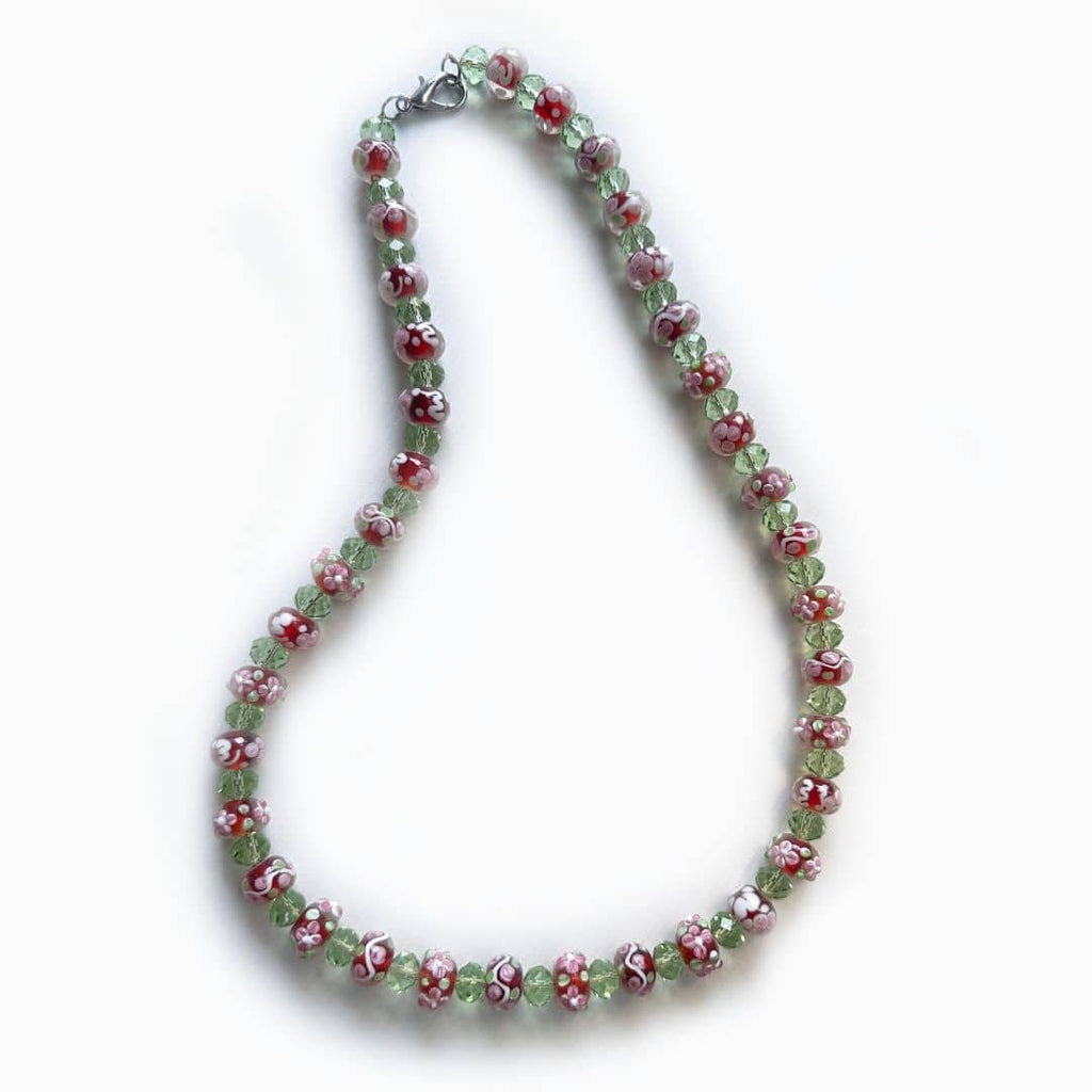 Upcycled Pink & Green Lampwork & Crystal Bead Handmade Necklace 003