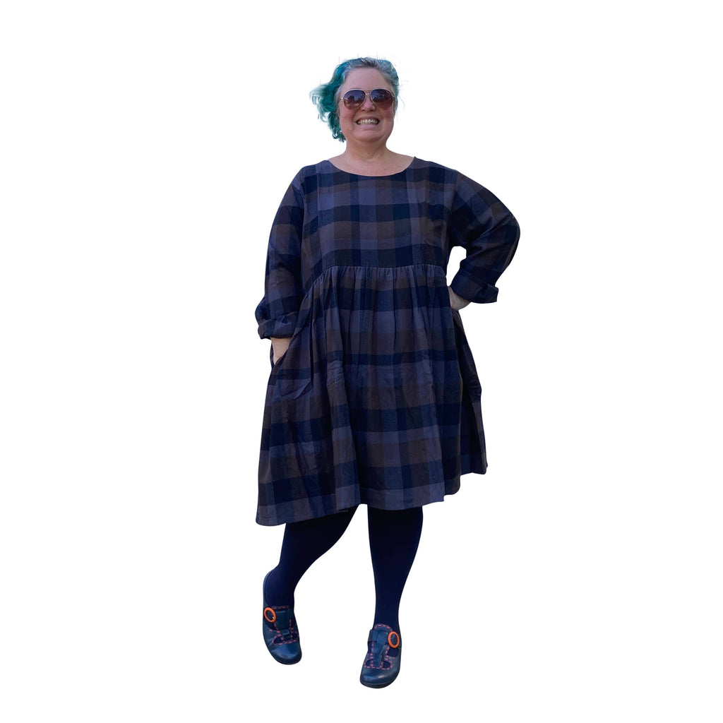 Winter Sally Plus Size Dress with Pockets | Brown & Grey Tartan Flannelette