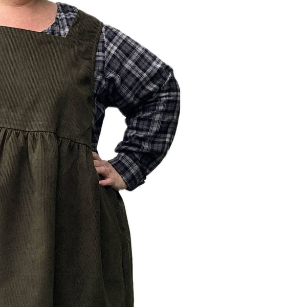 Kelly Corduroy Square Neckline Pinafore Plus Size Dress with pockets available in sizes 14-36 made to order