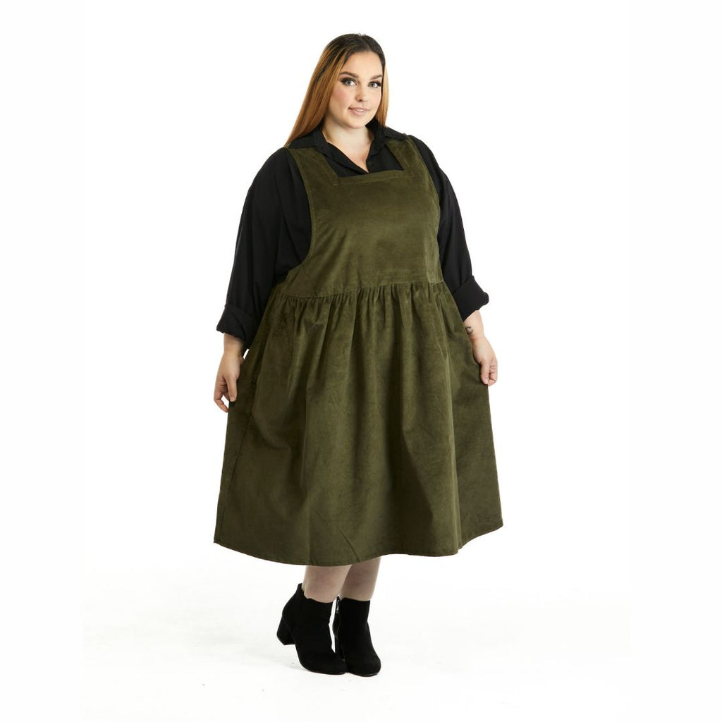Kelly Corduroy Square Neckline Pinafore Plus Size Dress with pockets available in sizes 14-36 made to order