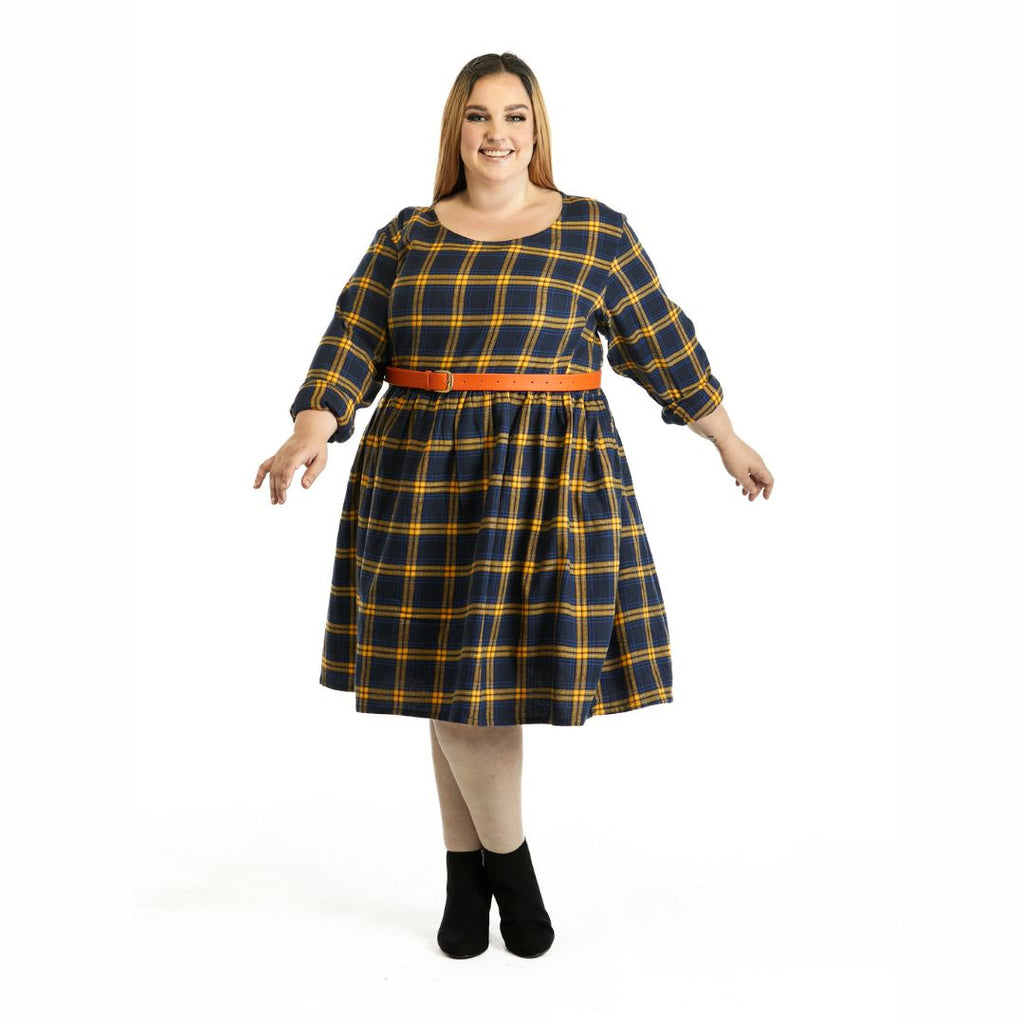 Winter Sally Plus Size Dress with Pockets | Blue & Yellow Tartan Flannelette