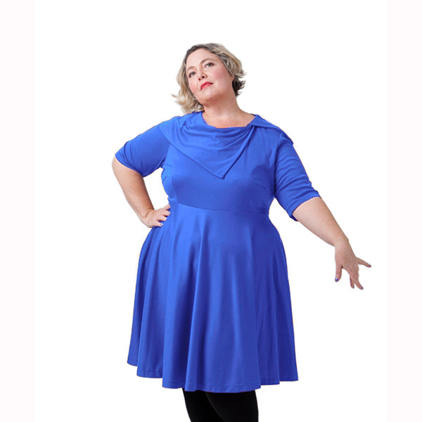 Asymmetrical Collar Dress in navy, mid blue or maroon cotton jersey - fits plus size 18-24 AU