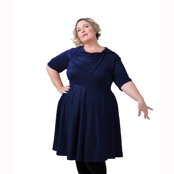 Asymmetrical Collar Dress in navy, mid blue or maroon cotton jersey - Joolz Fashion Asymmetrical Collar Dress in navy, mid blue or maroon cotton jersey - Joolz Fashion