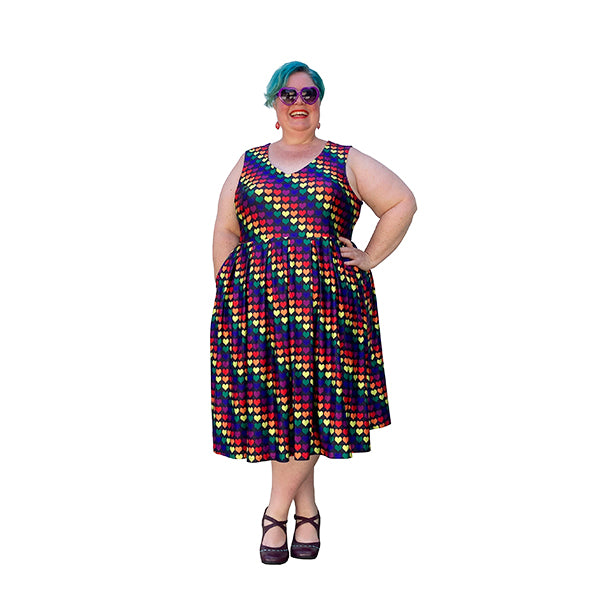 Rainbow Hearts Vee Sleeveless plus size dress with pockets sizes 14 - 36