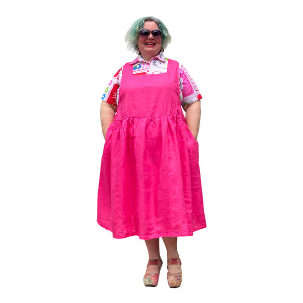 Kelly Hot Pink Linen Square Neckline Pinafore Plus Size Dress with poc –  Joolz Fashion