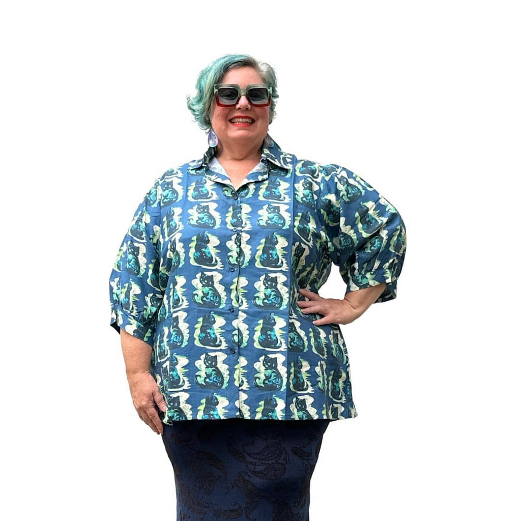 Custom Blue Kitty Print Ingrid Shirt | Made to Order | Sizes 14-40
