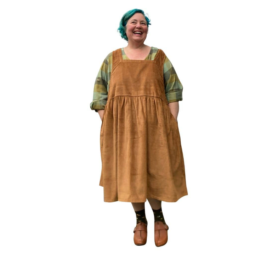 Kelly Corduroy Square Neckline Pinafore Caramel | Plus Size Dress with pockets available in sizes 14-36