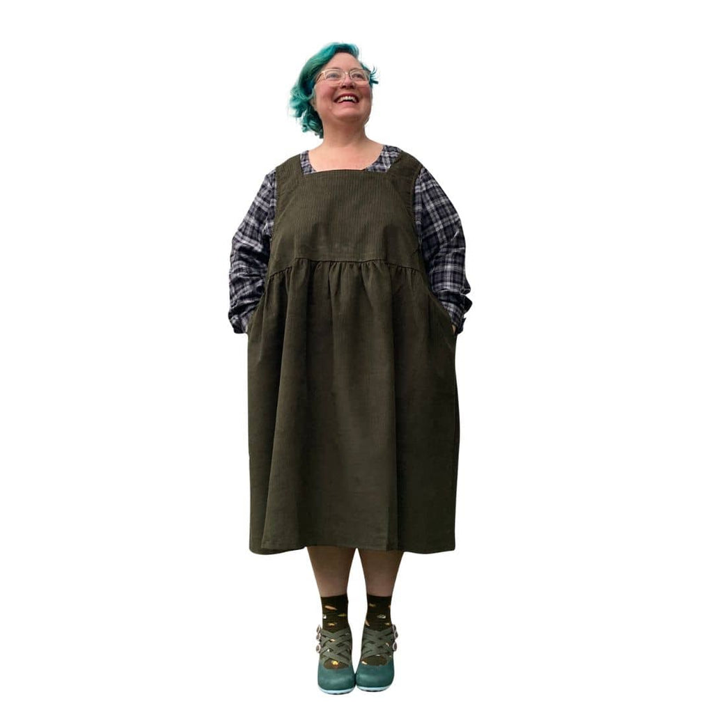Kelly Corduroy Square Neckline Pinafore Dark Green | Plus Size Dress with pockets available in sizes 14-36