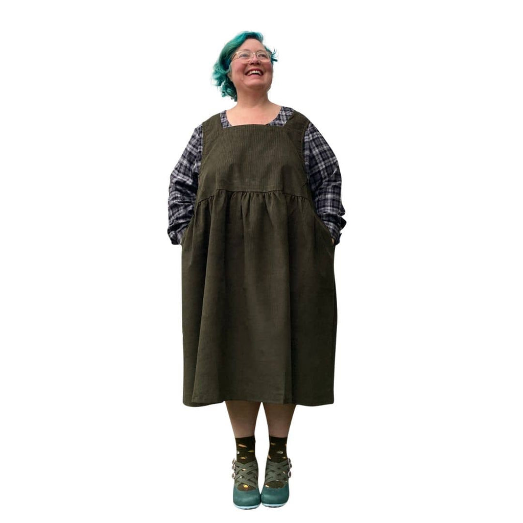 Kelly Corduroy Square Neckline Pinafore Dark Green | Plus Size Dress w Joolz Fashion Kelly Corduroy Square Neckline Pinafore Dark Green | Plus Size Dress w Joolz Fashion