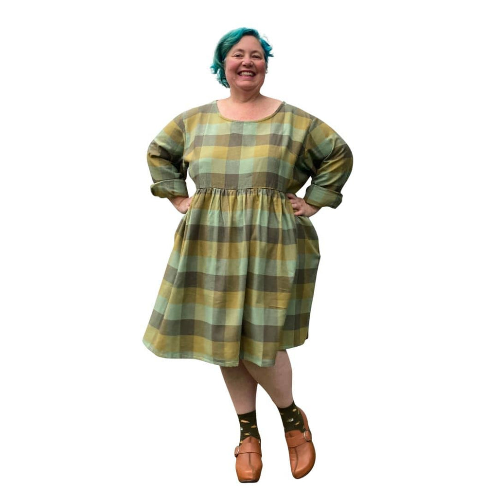 Winter Sally Plus Size Dress with pockets | Green Checkered