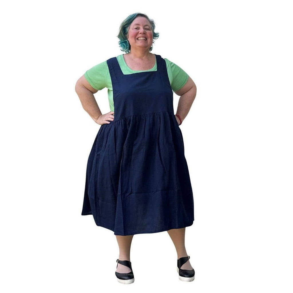 Kelly Linen Pinnie Dress with pockets in Navy Linen