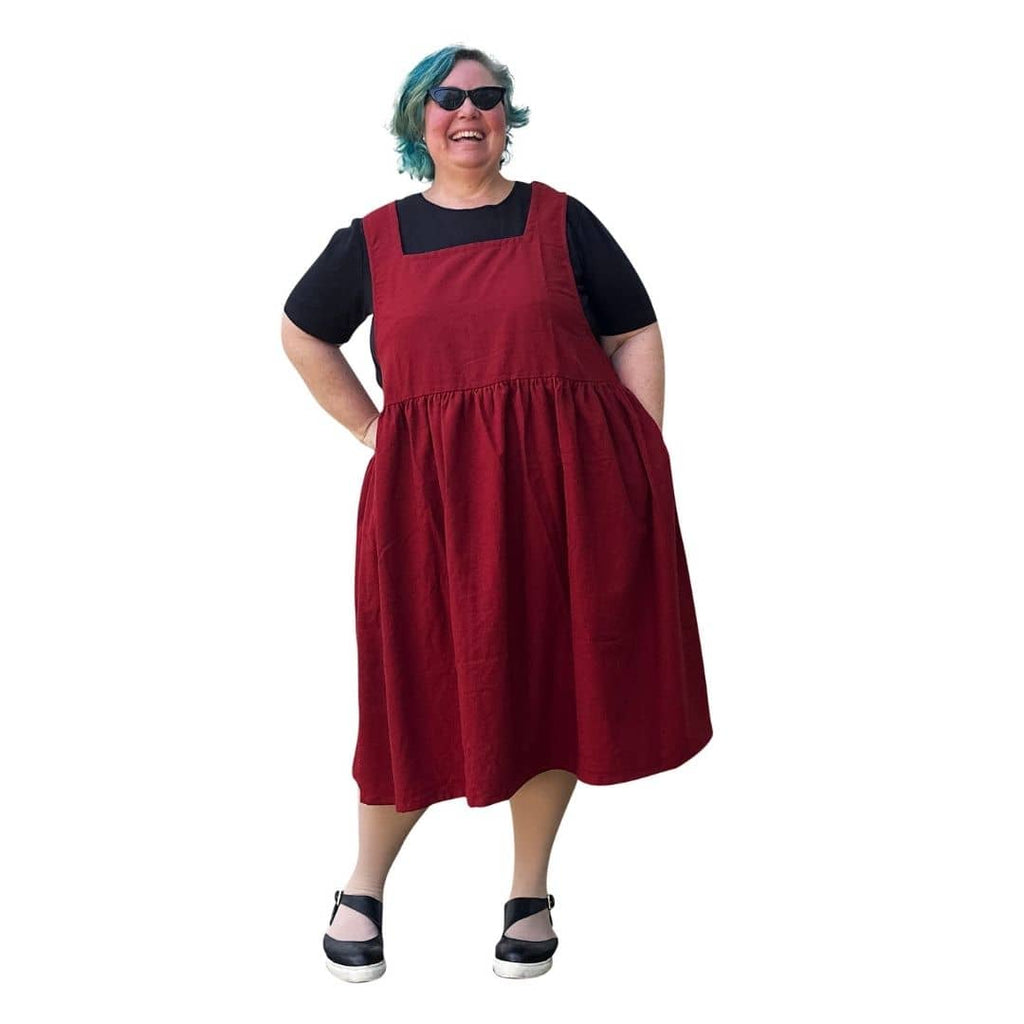 Kelly Linen Pinnie Dress with pockets in Red Linen