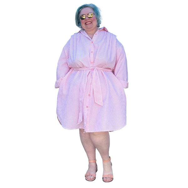 Paula Shirt Dress with sash in Salmon Seersucker