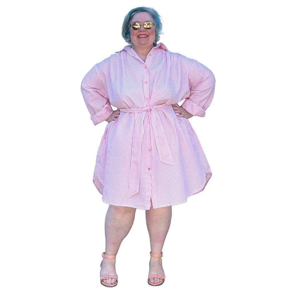 Paula Shirt Dress with sash in Salmon Seersucker