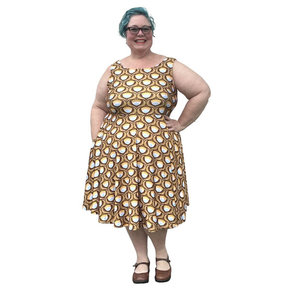 Sleeveless Circle Skater Dress in Mustard Print