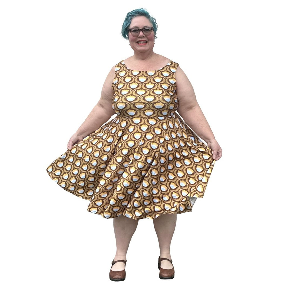 Sleeveless Circle Skater Dress in Mustard Print