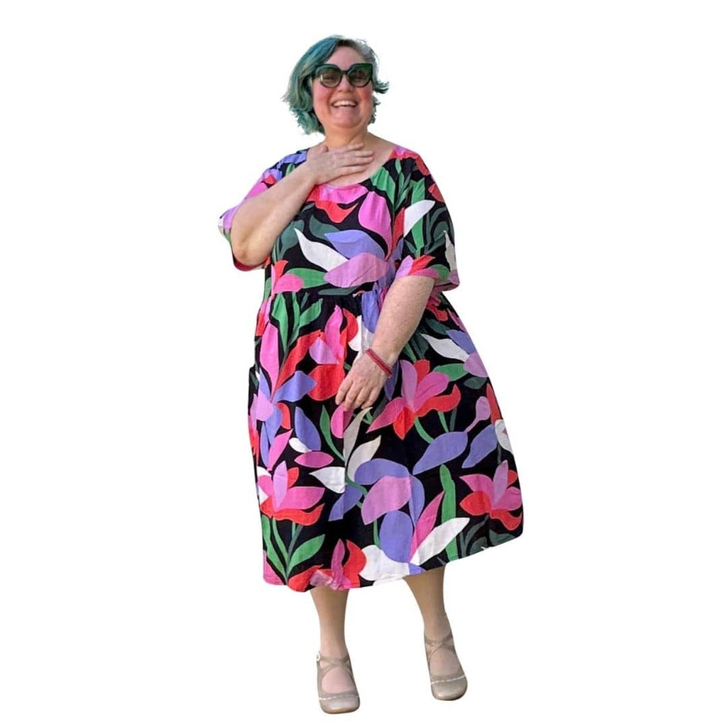 Long Sally Dress in Pink Abstract Large Floral Print Viscose | Plus Size Dress | Available sizes 14-40