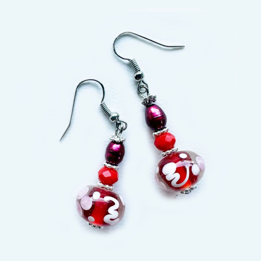 Pearl, Coral & Lampwork Bead Handmade Earrings 001