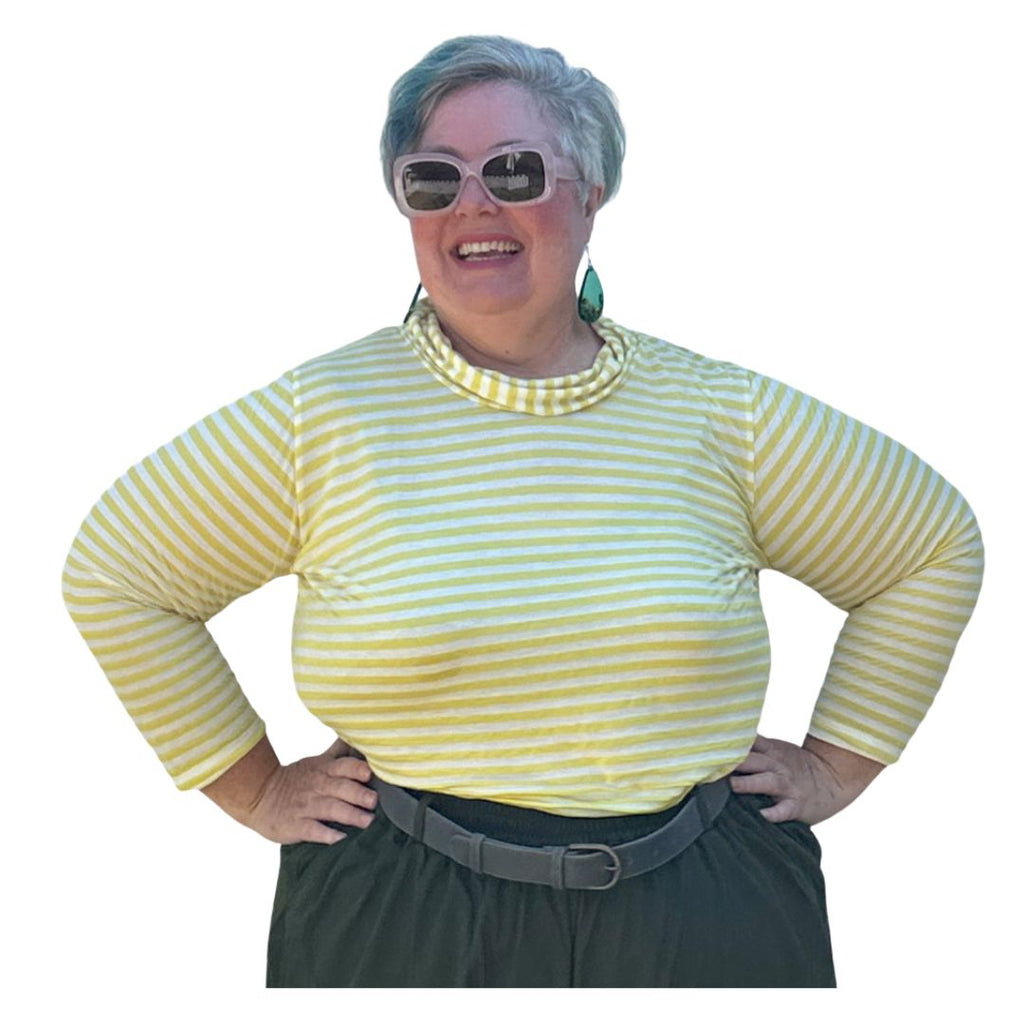 Rolled Collar Long Sleeved Tee in Lemon Stripe