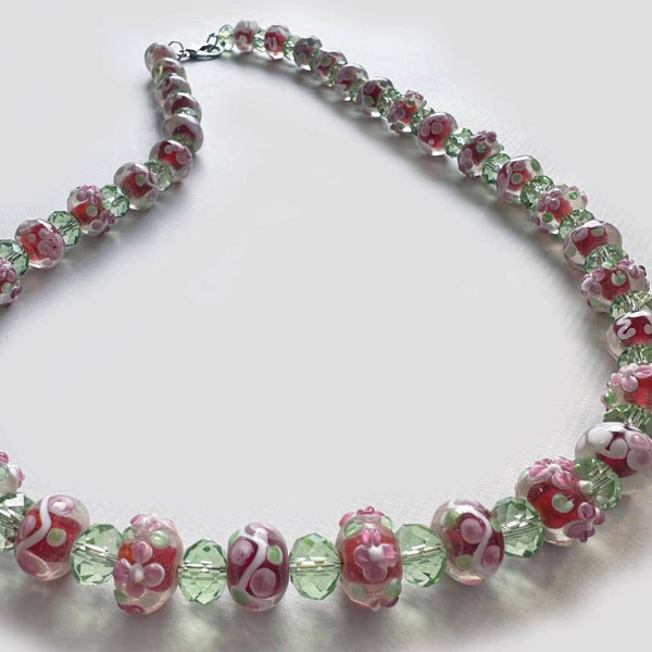 Upcycled Pink & Green Lampwork & Crystal Bead Handmade Necklace 003