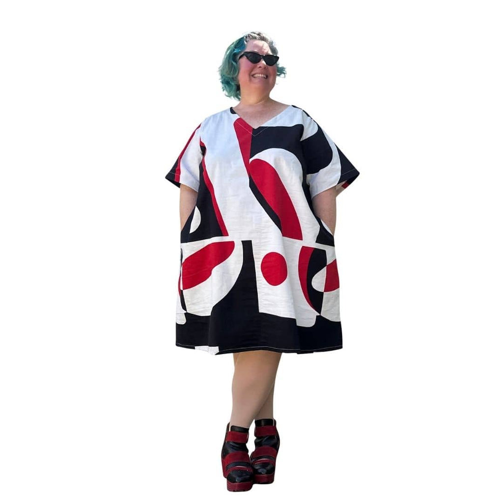 Limited Edition V neck Ciao Dress - Black, White & Red Abstract Print Cotton