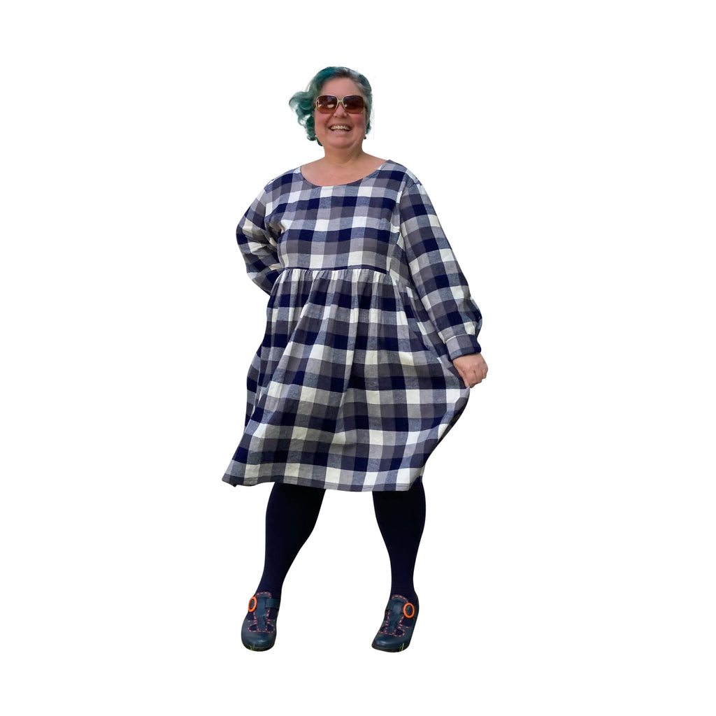 Winter Sally Plus Size Dress with Pockets | Blue & Grey Tartan Flannelette