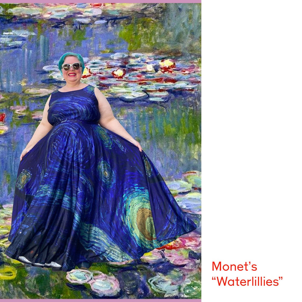 Art Series: Monet Lillies Maxi Dress with Fitted Bodice and Voluminous Circle Skirt