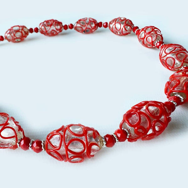 Upcycled Red Lampwork Beads & Coral Handmade Necklace 004