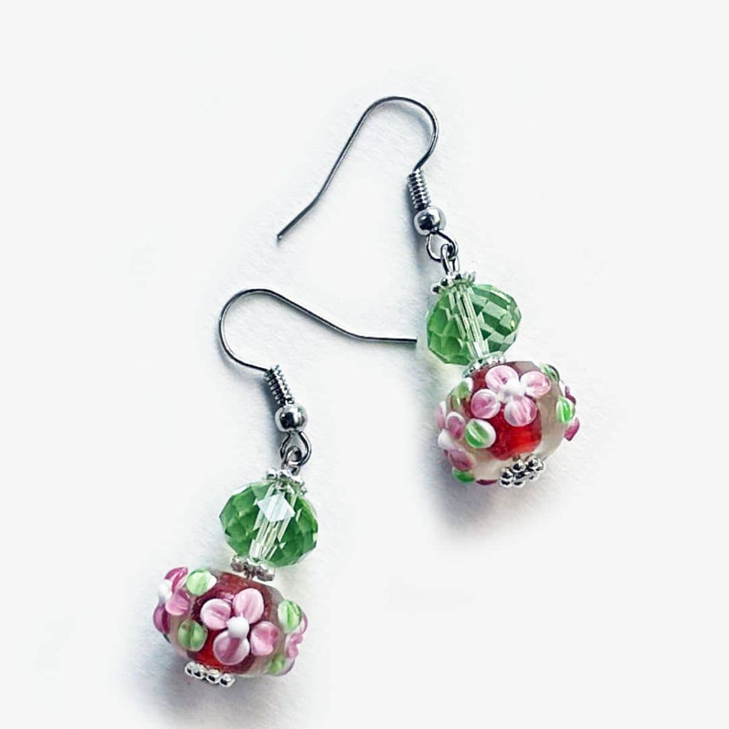 Pink Lampwork & Green Crystal Handmade Earrings 005