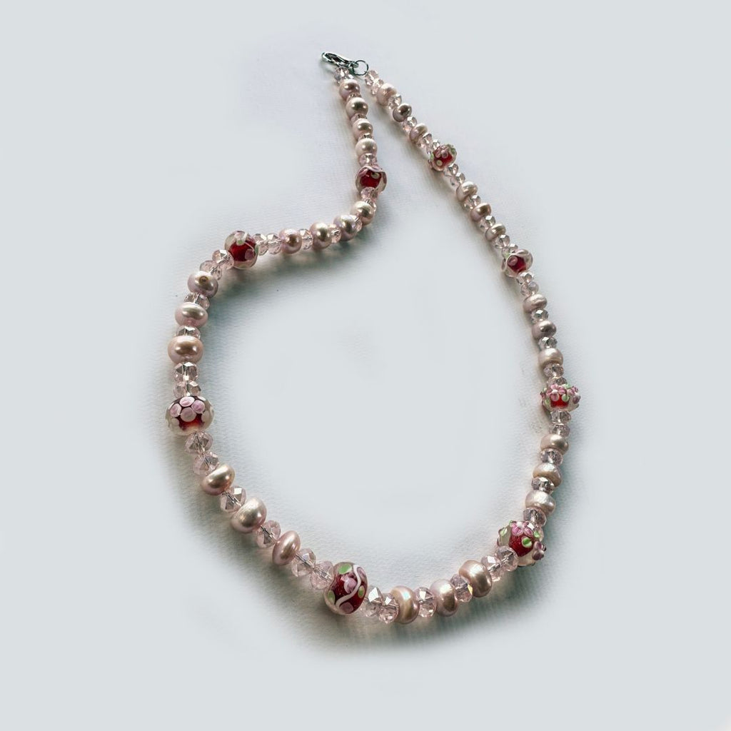 Upcycled Pink Pearl & Lampwork Bead Handmade Necklace 001