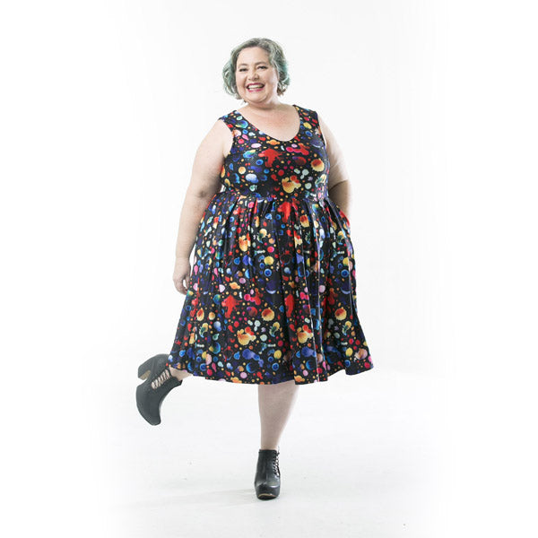 Vee Sleeveless dress in new Paint Splash print available on pre-order! Plus Sizes 14 - 36