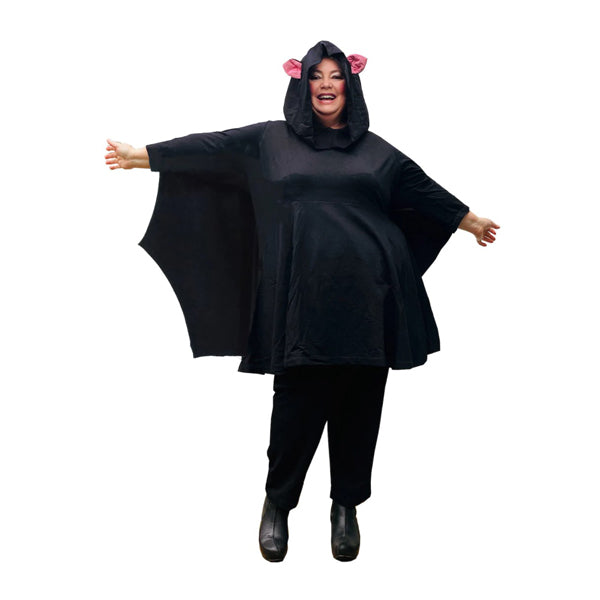 The Fruit Bat Outfit: Black Hooded Cape Top & Trouser Cotton Jersey Leisure Set Plus Size Fun Fashion