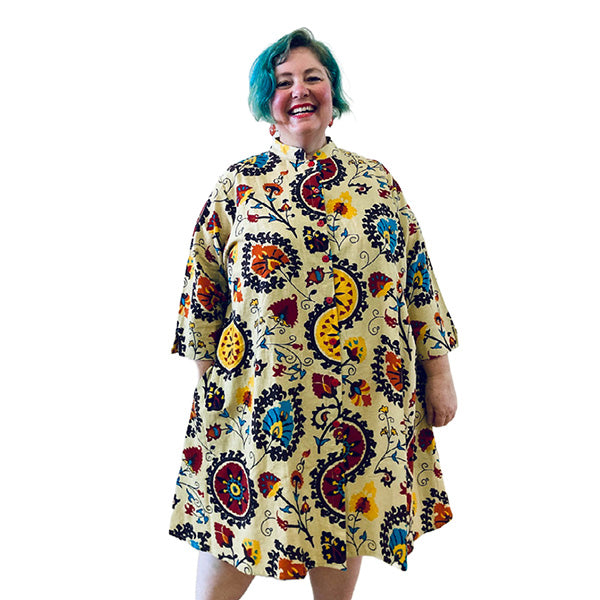 Aggie Dress in Cream Print Linen | Plus size Button-Through Dress