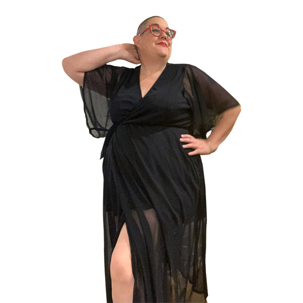 Plus Size Maxi Wrap Dress in sheer black