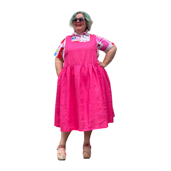 Kelly Pink Linen Square Neckline Pinafore Plus Size Dress with pockets available in sizes 14-36