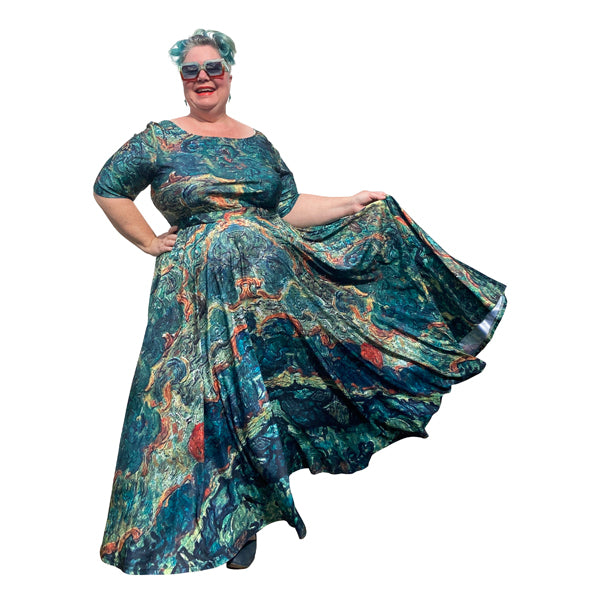 Art Series: Cottages & Cypresses Maxi Dress Plus Size with Fitted Bodice, Sleeves and Voluminous Circle Skirt