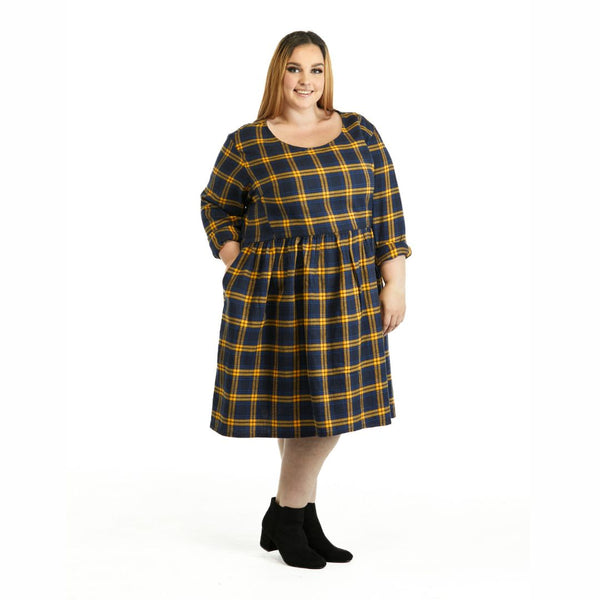 Winter Sally Plus Size Dress with Pockets | Blue & Yellow Tartan Flannelette