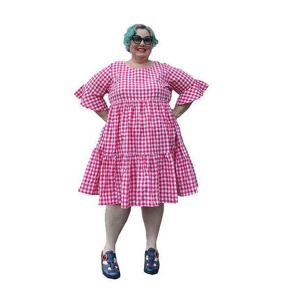 Pink Gingham Midi Plus Size Ruffle dress