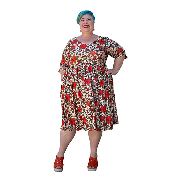 Vee dress with Sleeves in Orange Flora Plus Size Made to order 14 - 36