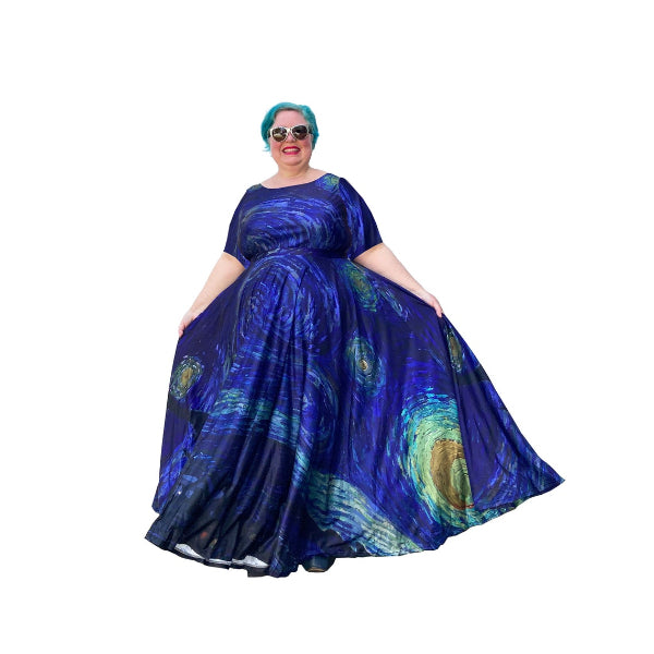 Art Series: Starry Night Maxi Dress Plus Size with Fitted Bodice, Sleeves and Voluminous Circle Skirt