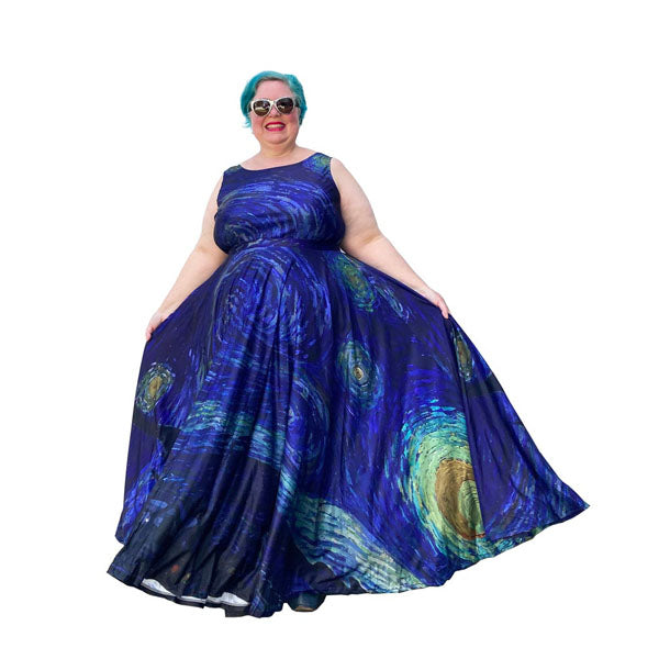 Art Series: Plus Size Sleeveless Starry Night Maxi Dress with Fitted Bodice and Voluminous Circle Skirt
