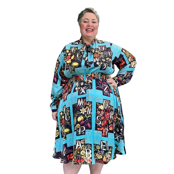 Vintage Alphabet Print Dress with pussy bow tie & pockets available in plus sizes 14-36 made to order