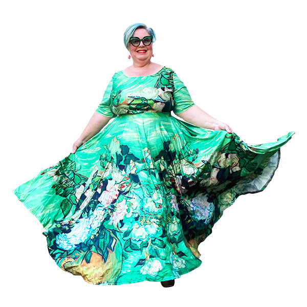 Art Series: Van Gogh's Roses Maxi Dress Plus Size with Fitted Bodice, Sleeves and Voluminous Circle Skirt