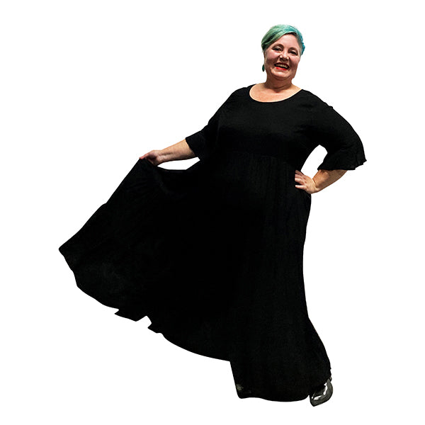 Black Maxi Ruffle Dress Plus Size available with or without sleeves