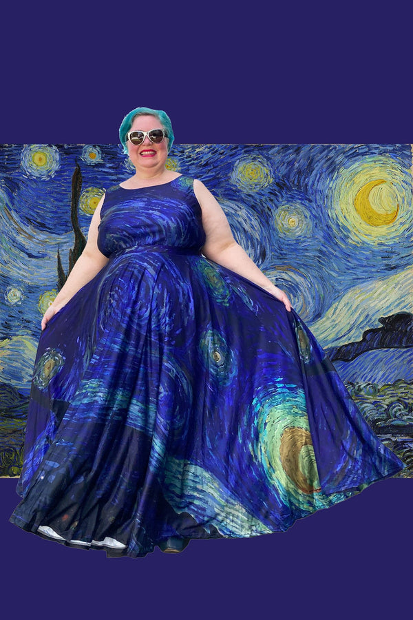 Art Series: Plus Size Sleeveless Starry Night Maxi Dress with Fitted Bodice and Voluminous Circle Skirt
