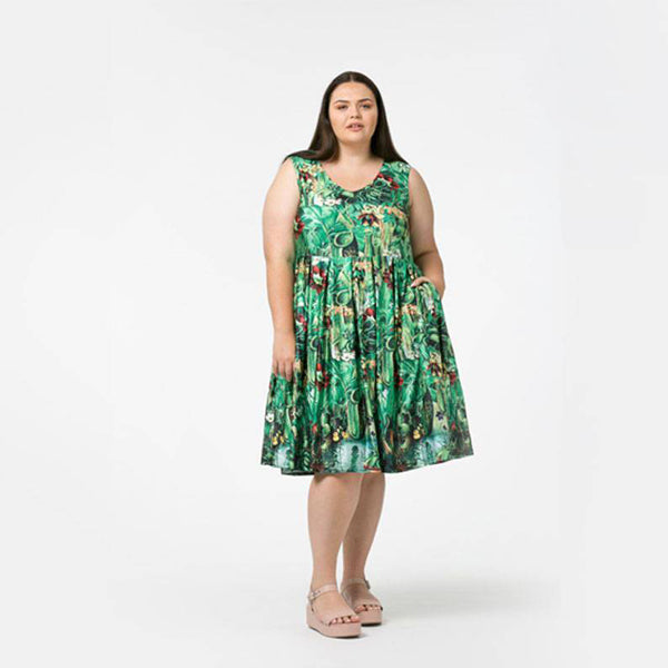 Audrey II Vee Sleeveless plus size dress with pockets in a carnivorous plants print available up to size 36