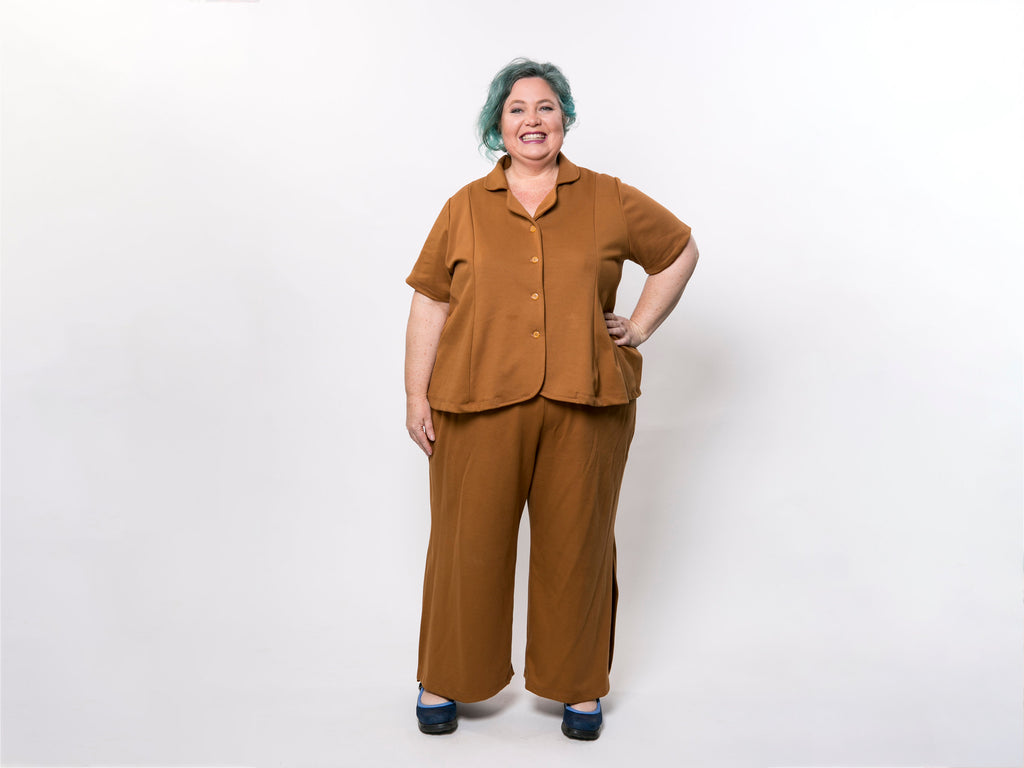 Plus Size Two Piece Jacket & Trousers Vintage Caramel Ponte Suit made to measure - customisable for both trousers and jacket